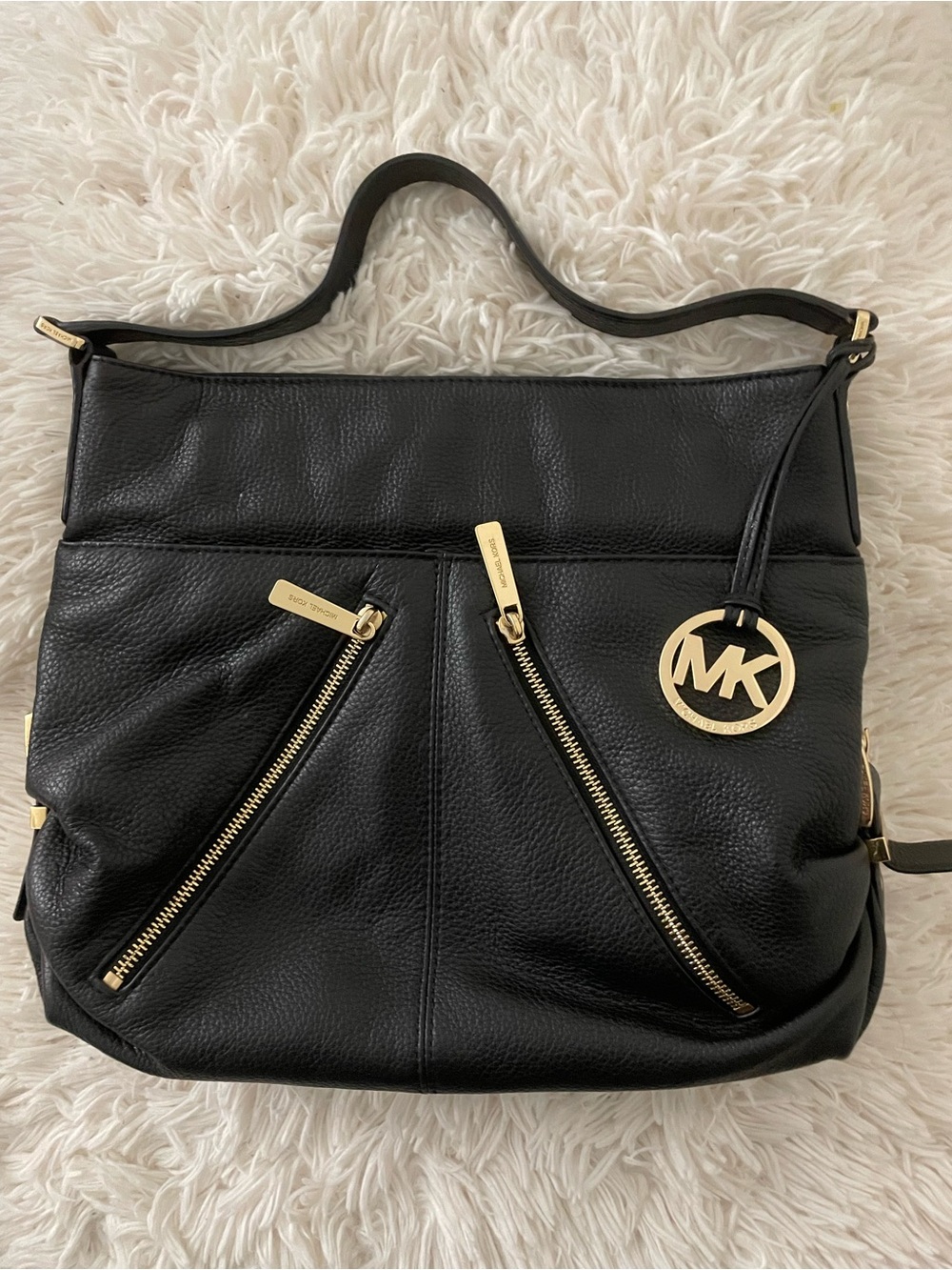 Michael Kors Black Pebbled Leather Two Zipper Double Pockets Shoulder Handbag